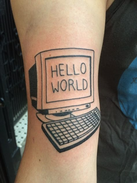 "Hello World" by Louis Brengard, Black Square Tattoo, Brooklyn NY Programming Tattoo Ideas, Black Square Tattoo, Square Tattoo, Pop Culture Tattoos, Tech Tattoo, Culture Tattoos, Tattoo Templates, World Tattoo, Small Hand Tattoos