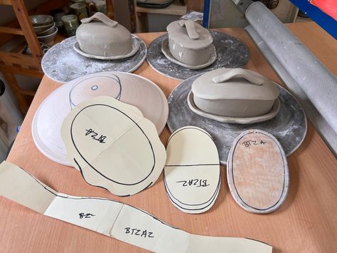 Evolution of the butter dish over the last two days. I wanted a more subtle dome and still keep the impressed local floral pattern on the rim. The tricky part was making the template for the rim to accommodate the new top. #handbuilding #handbuildingwithclay #ceramicspatterns #ceramicbutterdish Pottery Butter Dish Template, Butter Dish Template, Pottery Butter Dish, Ceramic Butter Dish, Pottery Inspiration, New Top, Butter Dish, Ceramic Pottery, Evolution