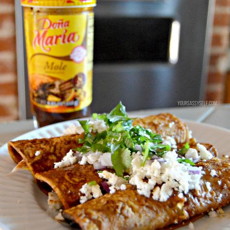 Chicken Mole Tacos, Chicken Mole Enchiladas Dona Maria, Mole Chicken Enchiladas, Mole Enchiladas Chicken, Mole Dona Maria Recipe, How To Make Mole Chicken, Recipes With Mole Sauce, Dona Maria Mole Recipe Easy, Chicken Mole Recipe Dona Maria