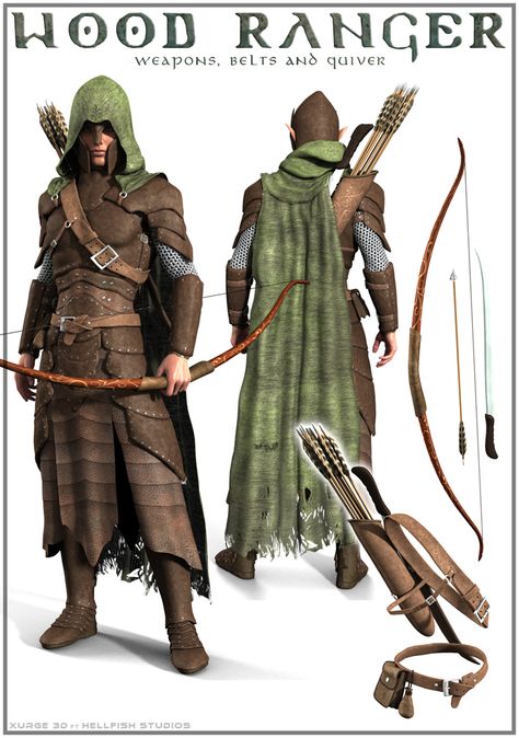 Conforming addons and props for the Wood Ranger for Genesis. This new expansion comes in a set of 3 conforming parts (a hooded cloak with a lot of movement and style morphs, a hip belt with pouches... Ranger Cloak, Wood Elf Ranger, Snowwhite And The Huntsman, Elf Ranger, Wood Elf, Manama, Larp Costume, Leather Armor, Quiver