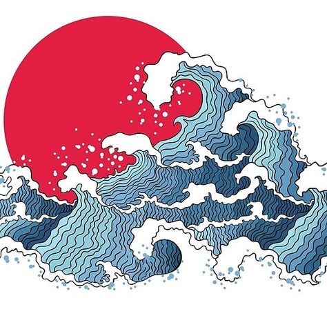 Rising Sun Hokusai - Spirit of Japan Asian Illustration, Ocean Waves, Sun, Water, Red, Blue, White, Art