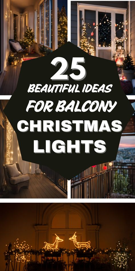 Festive outdoor balcony Christmas decor with twinkling lights, wreaths, outdoor trees, and cozy holiday touches. Xmas Lighting Ideas Outdoor, Christmas Decor Ideas For Balcony, Apartment Balcony Christmas Decor, Outdoor Balcony Christmas Decor, Christmas Balcony Ideas Apartment, Balcony Lights String Ideas, Balcony Christmas Lights, Christmas Balcony Decor, Balcony Christmas Decor