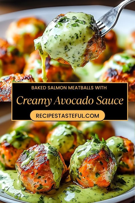 These baked salmon meatballs are a healthy and delicious twist on traditional meatballs, packed with fresh flavors and served with a creamy avocado sauce. Perfect for a quick dinner or as an appetizer! Salmon Meatballs With Avocado Sauce, Baked Salmon Meatballs With Avocado Sauce, Healthy Recipes Appetizers, Salmon Meatballs With Avocado Crema, Salmon Recipes With Avocado, Baked Salmon Burgers, Baked Salmon Meatballs, Baked Salmon Meatballs With Creamy Avocado Sauce, Avocado Sauce For Salmon