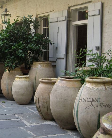 #biot #jars #terracotta #limestone #Old #antique Mediterranean Pottery, Botanical House, Greek Garden, Formal Garden Design, Large Vases, Tuscan Garden, Olive Jar, Garden Urns, Magic Garden