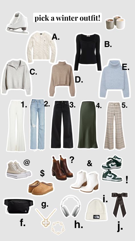 comment your winter outfit!! mine would be A2?j 🤍🤍 #winter #winteraesthetic #outfitinspo #winteroutfitinspo #pickanoutfit #accessories #uggs #sweaterweather #gilmoregirls #aestheticoutfits Everyday Winter Outfits, Life Study, Outfits Everyday, Winter Outfits For School, Winter 23, Cold Weather Fashion, Chunky Knitwear, Winter Aesthetic, Casual Winter Outfits