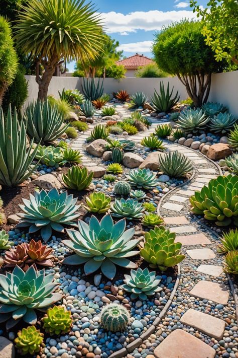 Stones In Garden Ideas, Rockscape Backyard, Cacti And Succulents Garden, Garden With Pots Landscaping, Rock And Succulent Garden, Succulent Landscape Design Backyards, Succulent Gardens Outdoor, Dessert Garden Landscape, Succulant Planting Ideas Garden