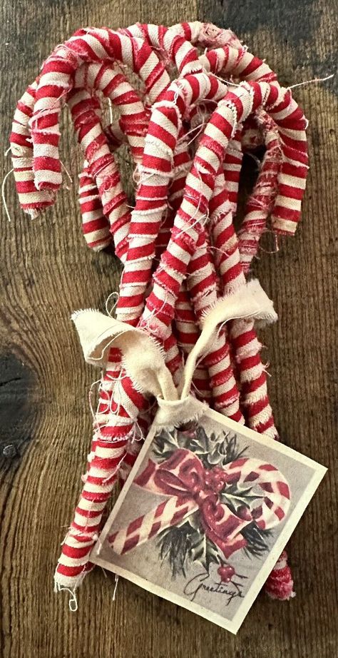 Primitive Farmhouse Candy Canes Candy Cane Diy, Diy Candy Cane, Primitive Tree, Primitive Fabric, Mini Christmas Ornaments, Candy Christmas Tree, Farmhouse Ornaments, Glitter Candles, Candy Cane Ornament