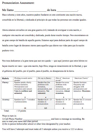 Pronunciation Assessment and Rubric for Spanish class. Spanish Assessments, Abraham Lincoln Gettysburg Address, Free Spanish Lessons, Assessment Rubric, Gettysburg Address, Native Speaker, Spanish Lesson Plans, French Classroom, Free Lesson Plans