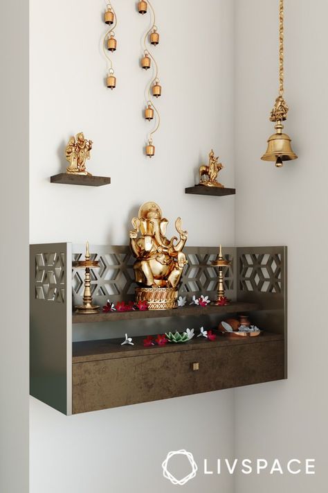 Floating Shelves Pooja Room, God Shelf Design, Pooja Area Design Living Rooms, Puja Corner Ideas, Corner Prayer Shelf, Small Mandir Designs For Home, Wall Altar Ideas, Small Lobby Interior Design Home, Corner Temple Design For Home