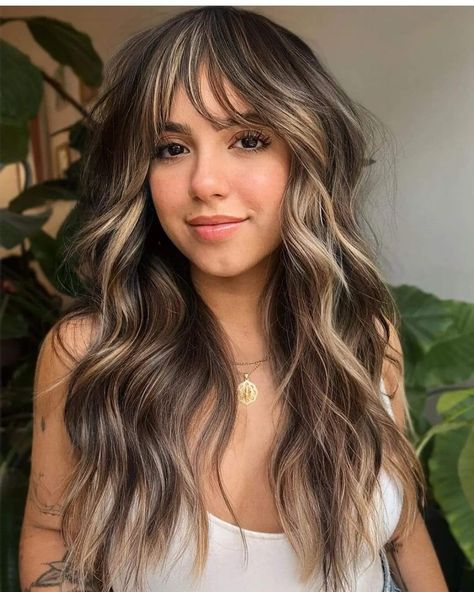 Natural Brown And Blonde Hair, Edgy Brunette Hair Color Highlights, Face Framing Curtain Bangs Highlights, Medium Brown Hair With Peekaboo Color, Subtle Edgy Hair Color, Dark Brown Hair With Low Lights Framing Face, Brunette Blonde Peekaboo, Long Brown Hair Transformation, Money Piece Bangs Balayage