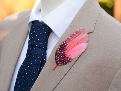 Blush Pink and Coral Feather Lapel Pin Feather Boutonniere, Shades Of Pastel, Feather Brooch, Pheasant Feather, Guinea Fowl, Pheasant Feathers, Feather Hat, Glitter Gifts, Suede Cord