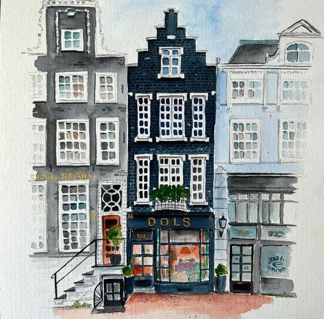 Amsterdam Buildings Drawing, Amsterdam Drawing, Holland Art, Amsterdam Houses, Watercolor Paintings For Beginners, Vibes Art, Watercolor Pictures, Diy Watercolor Painting, Architecture Drawing Art