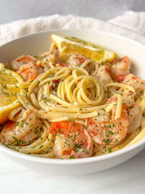 Creamy Lemon Shrimp Pasta in a Wine and Butter Sauce Fish And Shrimp Pasta Recipes, Lemon Cajun Shrimp Pasta, Garlic Herb Butter Shrimp Pasta, Lemon Pepper Lobster Shrimp Pasta, Pasta Recipes With Seafood, Modern Italian Food Ideas, Shrimp With Linguine, Lemon Based Recipes, Lemon Butter Seafood Pasta