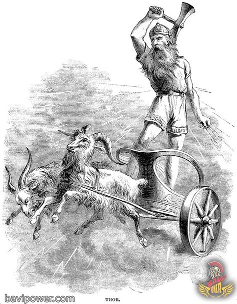 THOR, TANNGRISNIR, AND TANNGNJOSTR Unlike what the modern media is depicting Thor, Thor in Norse mythology did not fly. Rather, he had a chariot pulled by two goats. His goats were Tanngrisnir and Tanngnjóstr. Their names meant the teeth grinder. Names of Thor's goats are pretty much in debate because some scholars think they were the inventions of Snorri Sturluson - the author of Prose Edda. Paganism Aesthetic, Viking Bar, Gods Symbols, Thunder Weather, Thor Comic Art, Nordic Goddesses, Norse Pantheon, Fjord Norway, Scandinavian Tattoo