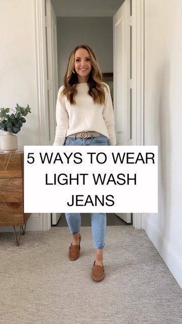 Merrick White / Style & Sewing on Instagram: "5 ways to wear light wash jeans - which way is your favorite?? 1️⃣, 2️⃣, 3️⃣, 4️⃣, or 5️⃣?? Tell me! 👇🏼 Dark wash jeans have always felt easier to wear, but light wash jeans can be just as versatile! Here are some easy examples you can copy with pieces in your closet👌🏼 All of these outfits are linked at MERRICKSART.com/light-wash-jeans-outfits! Other ways to shop these outfits: 1️⃣ linked in stories for the next 24 hours 2️⃣ In the @shop.ltk app What To Wear With Light Jeans, What To Wear With Light Wash Jeans, Stone Washed Jeans Outfit, Lightwash Jean Outfits, Light Wash Jeans Outfit Spring, How To Style Light Blue Jeans, Stone Wash Jeans Outfit, Frayed Jeans Outfit, Faded Jeans Outfit