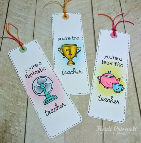 MarkerPOP Blog Teachers' Appreciation Book Marks - MarkerPOP Blog/LF stamps Handmade Teachers Day Cards, Presentation Ideas For School, Handmade Bookmarks Diy, Teachers Day Card, Creative Bookmarks, Bookmark Craft, Lawn Fawn Stamps, Teachers Day Gifts, Bookmarks Kids