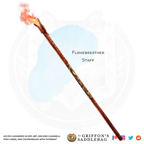 Fire Staff Fantasy Art, Fantasy Quarterstaff, The Griffon's Saddlebag, Wizard Fashion, Griffon's Saddlebag, Staff Magic, Wizard Staff, Fantasy Items, Dnd Items