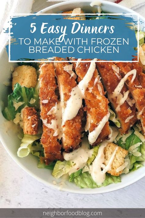 Have you got a bag of frozen breaded chicken in the freezer? Here are 5 easy and creative ways to turn breaded chicken into dinner! Dinner Ideas With Breaded Chicken, Meals With Breaded Chicken, What To Make With Breaded Chicken, Recipes With Breaded Chicken Patties, Recipes Using Breaded Chicken Patties, Tyson Panko Breaded Chicken Recipes, Frozen Breaded Chicken Tenders Recipes, Frozen Chicken Finger Recipes, Breaded Chicken Meal Ideas