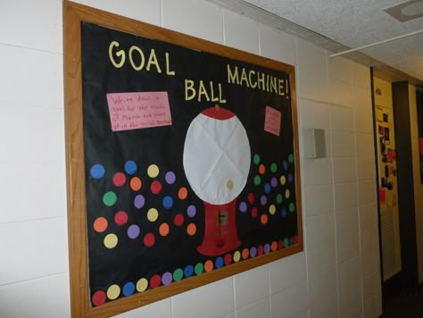 passive bulletin board-cut out colorful circles and have residents write a goal for the month on their "gumball" and place it inside of the "goalball machine" Retail Bulletin Boards Ideas, Retail Credit Contest Ideas, Sales Board Tracker Ideas, Bulletin Board Ideas For Assisted Living, Sales Goal Board Ideas, Work Contest Ideas Retail, Sales Goal Board Ideas Retail, Work Contest Ideas, Leasing Goal Board