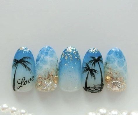 Coconut Nail Art, Beach Nail Art Designs, Sea Nail Art, Ocean Nail Art, Beach Themed Nails, Tropical Vacation Nails, Cruise Nails, Beach Nail Art, Palm Tree Nails