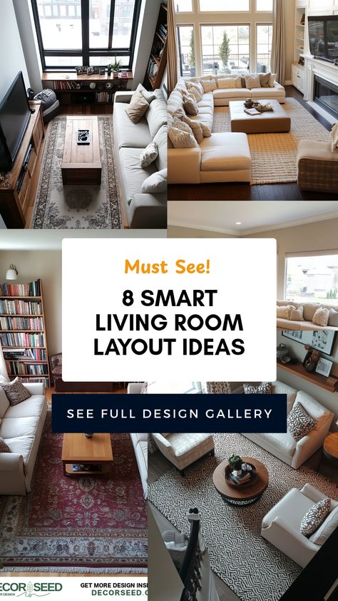 Transform your living room with these 8 smart layout ideas. Whether you're looking to maximize space or ensure a more inviting atmosphere, these tips can help. Think about your furniture arrangement, balancing seating options, and choosing focal points, all tailored to enhance both comfort and style. You'll learn how to make layouts cozy yet functional, even in smaller rooms. With thoughtful decoration and design choices, you can create a living area that satisfies your needs and reflects your personal style. Living Room Layout With Sectional, Smart Living Room, Living Room Makeover Ideas, Rectangle Living Room, Living Room Layout Ideas, Living Room Arrangement, Room Layout Ideas, Arranging Furniture, Narrow Living Room