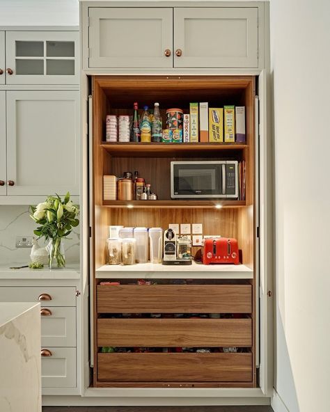 Brayer Design | It's been a while since we shared one of our much-admired pantry cabinets so here's a little beauty from one of our projects in Putney.… | Instagram Pantry In Kitchen Ideas, Mini Pantry Design, Pantry With Appliances, Small Kitchen With Pantry, Small Pantry Room, Small Space Pantry Ideas, Pantry Layout Ideas, Appliance Pantry, Mini Pantry