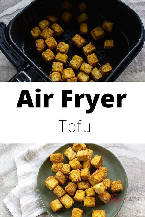 Crispy on the outside and fluffy on the inside, this three-ingredient Air Fryer Tofu is melt-in-your-mouth delicious! #airfryer #airfryertofu Air Fryer Tofu No Cornstarch, Tofu Air Fryer Recipes Easy, Tofu Air Fryer Recipes, Pressing Tofu, Tofu Air Fryer, Deer Jerky Recipe, Deer Jerky, What Is Tofu, Air Fryer Tofu