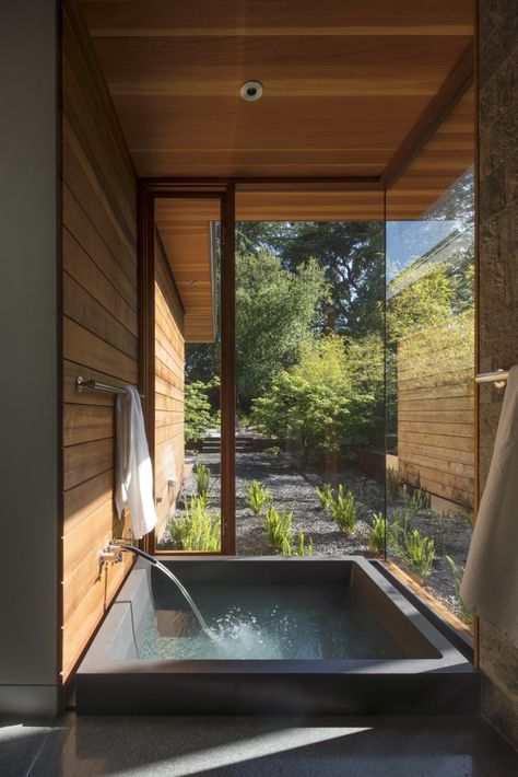 Interior Design Country, Japanese Soaking Tubs, Outdoor Bathrooms, Ranch Style Homes, Floor To Ceiling Windows, Bath Tub, House Goals, Ceiling Windows, Ranch Style