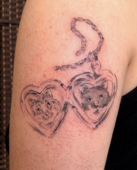 Cat Heart Locket Tattoo, Cat In Frame Tattoo, Cat Locket Tattoo, Heart Frame Tattoo, Valerie Tattoo, Locket Drawing, Heart Locket Tattoo, Locket Tattoos, Back Of Arm Tattoo