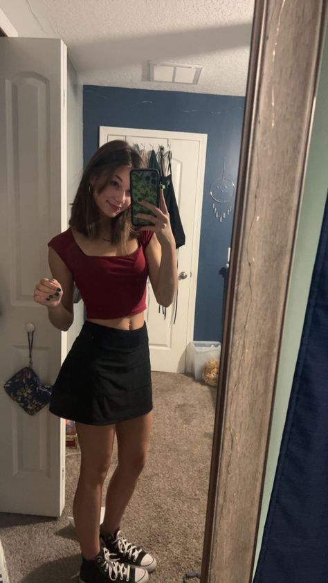 Outfits W Black Skirt, Short Black Skirt Outfit Summer Casual, Short Hair W Curtain Bangs, Maroon Crop Top Outfit, Black Lulu Skirt Outfit, Black And Maroon Outfit, Short Silk Skirt Outfit, Black Athletic Skirt Outfit, Short Black Skirt Outfit Summer