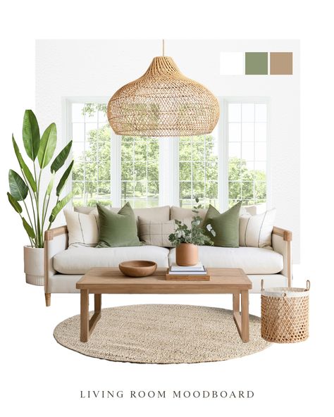 ☀ Ready to see how summer transforms your living space? Discover our latest living room mood board, where coastal blues, sandy neutrals, and vibrant greens come together to create an inviting summer sanctuary. Soft linens and rattan accents add a touch of natural elegance, perfect for a season of relaxation and style. - #Rowabi #RattanPendantLights #RattanLights #RowabiLights #ModernLighting #LuxuryLighting #SummerDecor #LivingRoomInspo #RattanDecor #Homedecor #ltk #NaturalLighting #pendan... Gold And Sage Living Room, Coastal Interiors Design Living Room, Neutral And Green Living Room, Natural Mood Board, Contemporary Coastal House, Living Mood Board, Blue Green Living Room, Neutral Coastal Living Room, Cheap Couches