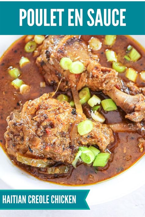 Poulet en Sauce is an easy weeknight dinner with just a few simple ingredients. The secret is the homemade Creole Sauce Haitian Chicken || Haitian Recipes || Chicken Stew #haitianfood Haitian Stew Chicken Recipe, Haitian Chicken Recipe, Haitian Chicken, Chicken In Sauce, Dinner With Rice, Haitian Cuisine, Haitian Recipes, Beans Salad, Stewed Chicken