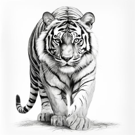 realistic tiger in simple pencil, full body an idea for a tattoo, a black and white drawing. black and white tattoo predatory animal White Tiger Tattoo, Tiger Tattoo Sleeve, Black And White Tattoo, Big Cat Tattoo, Realistic Animal Drawings, Lion Tattoo Sleeves, Drawing Black And White, Tiger Artwork, Tiger Tattoo Design