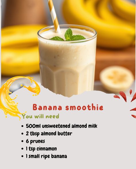 Quick and easy to make, this banana, prune, almond milk and nut butter smoothie is an ideal on-the-go energy boost Prune Smoothie, Nut Butter Smoothie, Energy Boost, Banana Smoothie, Unsweetened Almond Milk, Ripe Banana, Adult Drinks, Nut Butter, Almond Butter