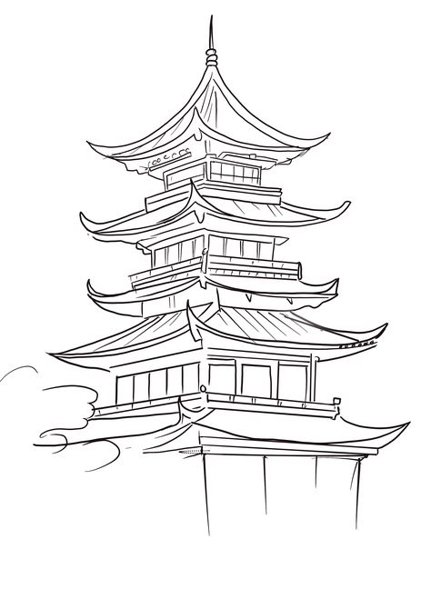 Japan Pagoda Drawing, Japanese Art Easy To Draw, Shinto Shrine Drawing, Japan Temple Drawing, Pagoda Sketch, Japanese Drawing Simple, Japanese Pagoda Tattoo, Pagoda Drawing, Modern Chinese Architecture