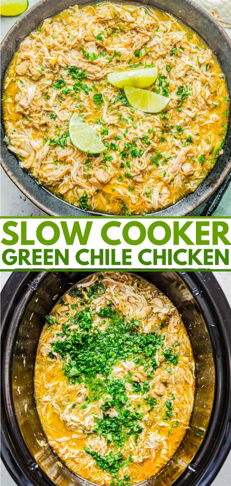 Slow Cooker Green Chile Chicken - Tender, juicy, chicken that's simmered with green chiles, jalapeno, salsa verde, onions, garlic, and spices for the most FLAVORFUL and versatile green chile chicken! Use it in tacos, burritos, casseroles, sandwiches, or as a meal prep recipe. Best of all, it's SO EASY because your slow cooker does ALL the work! Crockpot Green Chili Chicken, Chicken Verde, Easy Chicken Recipes For Dinner, School Dinner, Green Chili Chicken, Green Chile Chicken, Salsa Verde Chicken, Averie Cooks, Chili Chicken