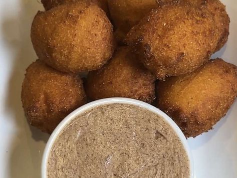 Sweet Potato Hushpuppies with Whipped Honey Cinnamon Butter Recipe - Whisk Sweet Potato Hush Puppies, Gluten Free Hushpuppies, Honey Butter For Hush Puppies, Diy Hush Puppies, Hush Puppies Recipe With Corn, Hush Puppies With Corn, Hush Puppies Recipe, Whipped Honey, Cinnamon Honey Butter