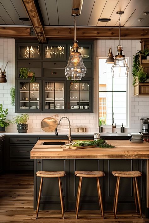 Industrial Kitchen Inspiration, Renovated Farmhouse Kitchen, Kitchen With All Windows, Kitchen Timeless Design, Natural Wood Kitchen Ideas, Lodge Kitchen Ideas Rustic, Farmhouse Kitchen Renovation Ideas, Black Rustic House, Tall Kitchen Cabinets Ideas