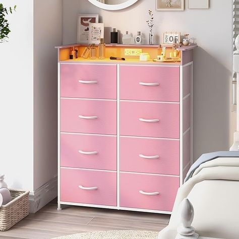 Amazon.com: Welfuturer Pink Dresser for Bedroom with Charing Station Dresser with LED Lights Tall Dresser with 8 Drawers Storage Tower for Closet Living Room Hallway Entryway Sturdy Steel Frame Wood Top : Home & Kitchen Draws For Bedroom, Small Room Makeover Inspiration, Closet Living Room, Small Room Makeover, Pink Dresser, Pink Wardrobe, Pink Items, Pink Furniture, Dresser For Bedroom