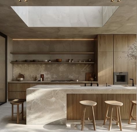 Dry And Wet Kitchen Design, Fluted Island Kitchen, Khloe Kardashian Kitchen, Tadelakt Kitchen, Organic Minimalist Home, Concrete Kitchen Ideas, Warm Modern Kitchen, Japandi Kitchen Design, Bespoke Kitchen Design