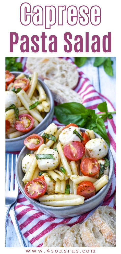 Caprese pasta salad is a delicious dish for the warmer months! This Italian take on pasta salad features sweet juicy tomatoes, tons of fresh basil, and creamy mozzarella tossed with pasta and pesto vinaigrette. You don’t want to miss this recipe! Save this recipe from 4sonrus.com today. Pasta Caprese Salad, Pasta And Pesto, Unique Pasta Dishes, Pesto Vinaigrette, Kid Friendly Salad, Caprese Pasta Salad, Caprese Pasta, Salad Salad, Basil Recipes