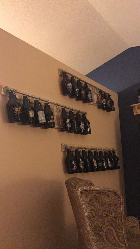 Growler Display Ideas, Beer Coozie Organization, Beer Display Ideas, Brewery Sticker Display Ideas, Alcohol Room, Growler Display, Growler Decor, Beer Growler Decor, Beer Growler Display