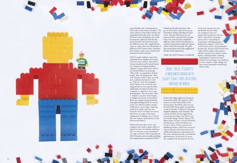 LEGO Editorial Spread by Elizabeth McGuirl, via Behance Lego Layout Design, Perfume Styling, Lego Exhibition, Lego Magazine, Magazine Layout Inspiration, Lego Books, Magazine Ideas, Information Poster, Ipad App