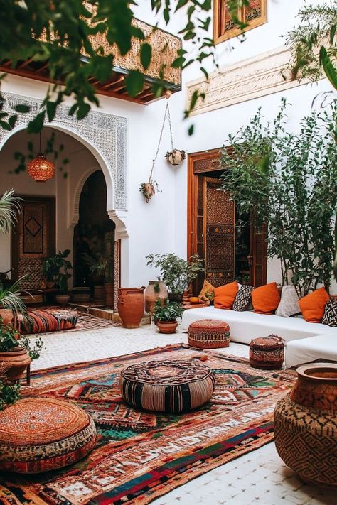 Give your patio a Moroccan-inspired makeover with vibrant colors, intricate patterns, and luxurious textiles. Incorporate lanterns, floor cushions, and woven rugs for an exotic, inviting atmosphere. Perfect for outdoor entertaining or relaxing in style. 🌴🪑 Moroccan Beach House, Moroccan Outdoor Patio, Moroccan Patio Ideas, Moroccan Outdoor Decor, Moroccan Home Design, Moroccan Patio, Patio Redo, Moroccan Landscape, Moroccan House