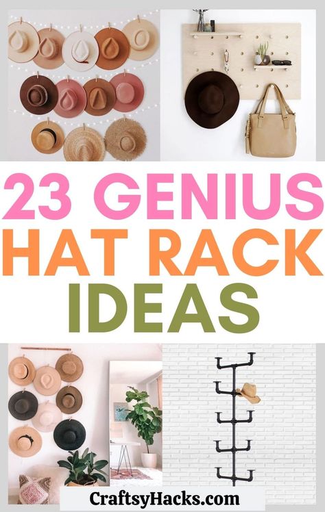 Hat Storage Ideas Display, Hat Hook Ideas, Hat Hanging On Wall, How To Hang Hats On Wall, How To Store Hats, Ballcap Storage, Hat Hanging Ideas, Hat Bar Ideas, Diy Hat Stand