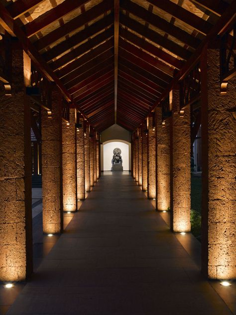 The Alila Diwa Goa Exterior Columns, Luxury Hotel Design, Column Lighting, Hotel Light, Corridor Design, Architectural Lighting Design, Corridor Lighting, Facade Lighting, Resort Design