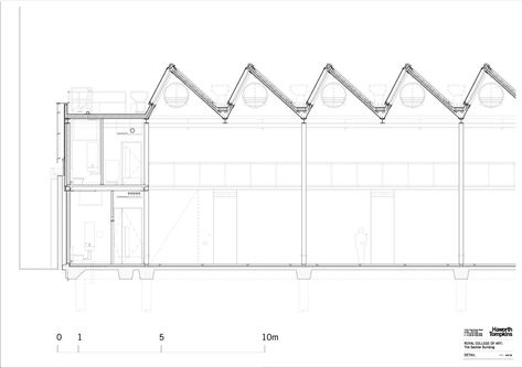 Gallery of RCA Sackler Building / Haworth Tompkins - 26 Sawtooth Roof Structure, Factory Roof Design, Brick And Steel Architecture, Skylight Roof Design, Steel Structure Detail, Steel Structure Architecture, Steel Roof Structure, Skylight Architecture, Detailed Section