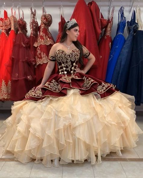 Glitzy Boutique on Instagram: “I just couldn’t wait another day to share this beautiful Video 😍 NEW VELVET CHARRO QUINCE Dress in the color BURGUNDY with beautiful GOLD…” Quinceanera Dresses Princess, Navy Blue Ball Gown, Quinceanera Dresses Mexican, Vestido Charro, Charro Quince, Ball Gown Quinceanera Dresses, Quinceanera Dresses Gold, Mexican Quinceanera Dresses, Charro Quinceanera Dresses