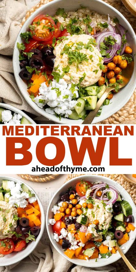 Mediterranean Quinoa Recipes, Hummus Bowl Recipes, Mediterranean Bowls Recipes, Medditeranean Bowl Recipes, Chickpea Bowls, Mediterranean Quinoa Bowl, Mediterranean Bowl Recipe, Greek Bowl Recipe, Mediterranean Grain Bowl