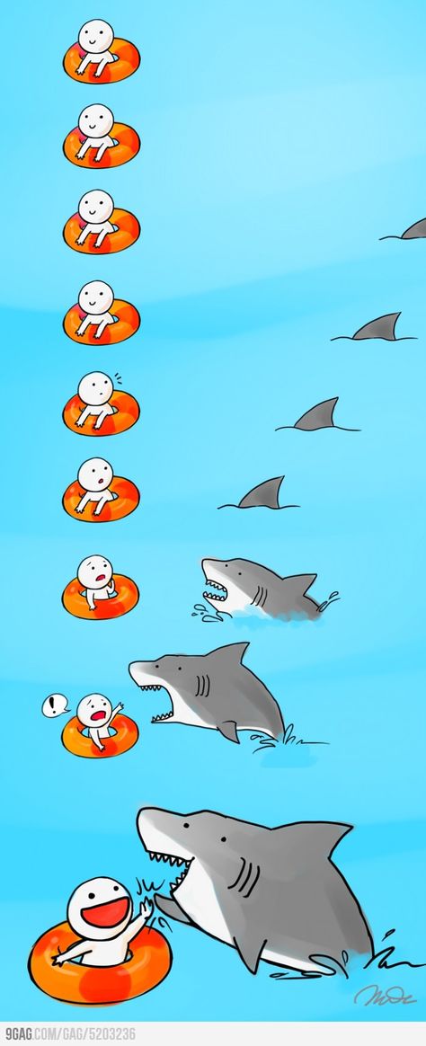 It's a shark attack! if only.. Misunderstood Shark, Sharks Funny, Cute Shark, Sea Birthday, Dessin Adorable, High Five, Cute Comics, Teenager Posts, Funny Pins